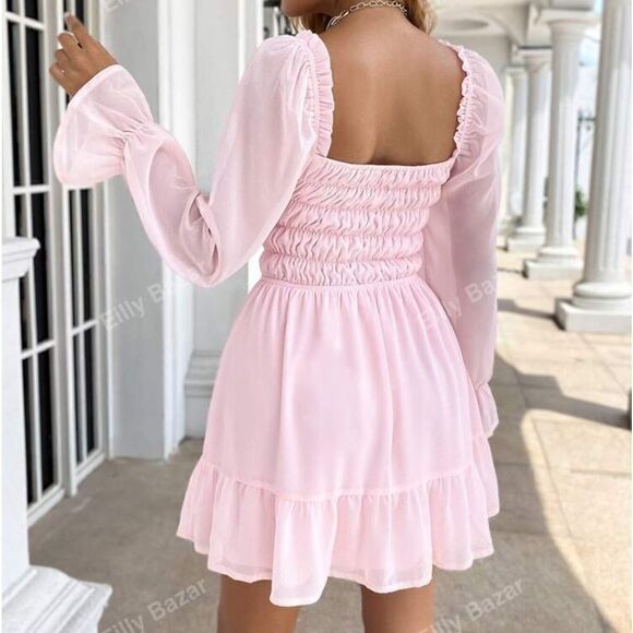 Eilly Bazar Baby Pink Shirred Flounce Sleeve Ruffle Hem Chiffon Dress - Picture 2 of 10